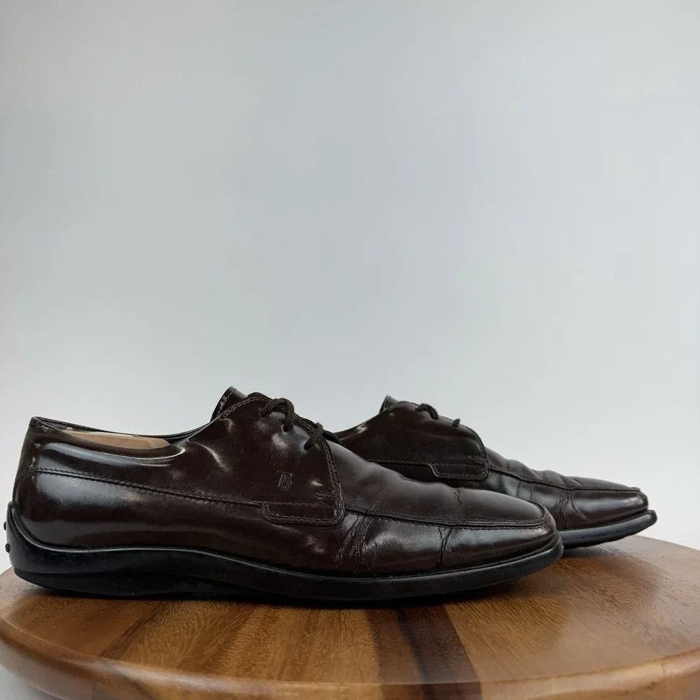 Mens Tod's Brown‎ Patent Leather Casual Comfort Lace Up Driving Shoes Size 8 D